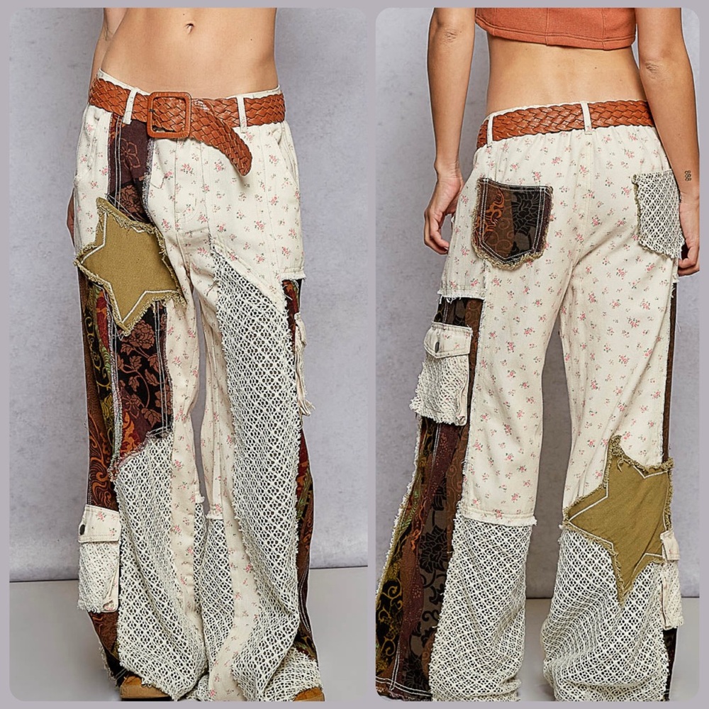 POL Star Patchwork Ivory red bean boho pants